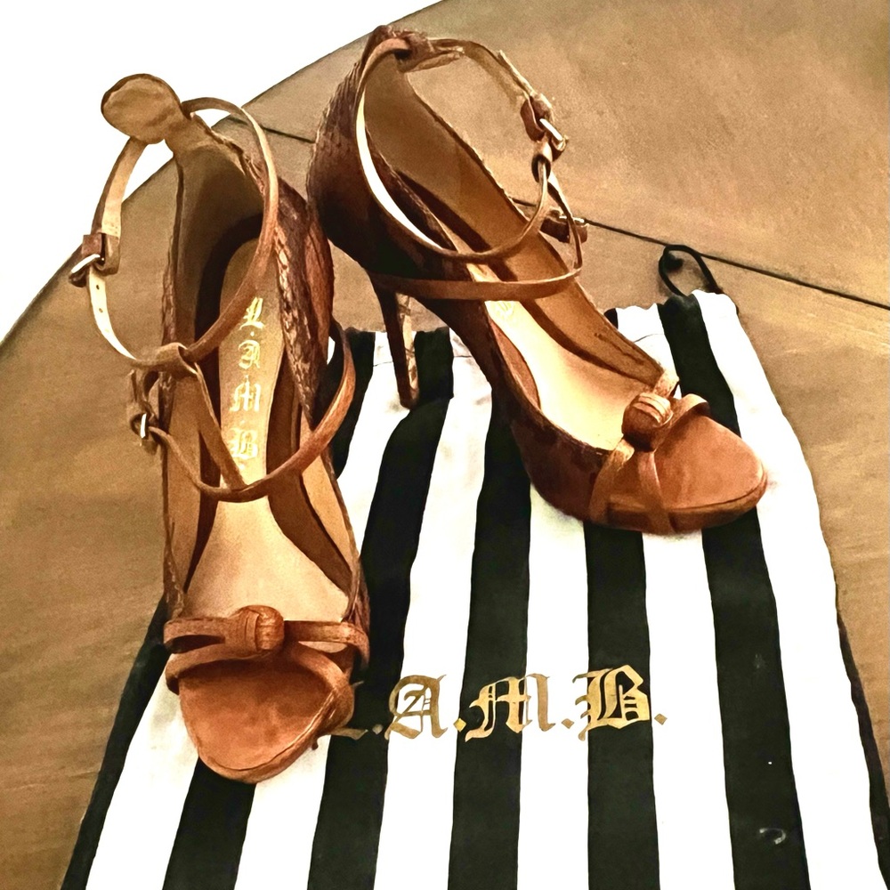 L.A.M.B. Women's Brown Snake Skin Strappy Heels